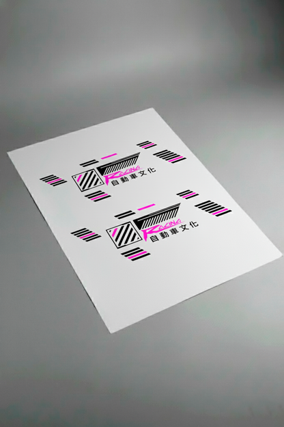 Pliego de vinilos de alta calidad que componen el kit Japan Racing V2. Muestra las secciones de diseño JDM actualizadas listas para la instalación.