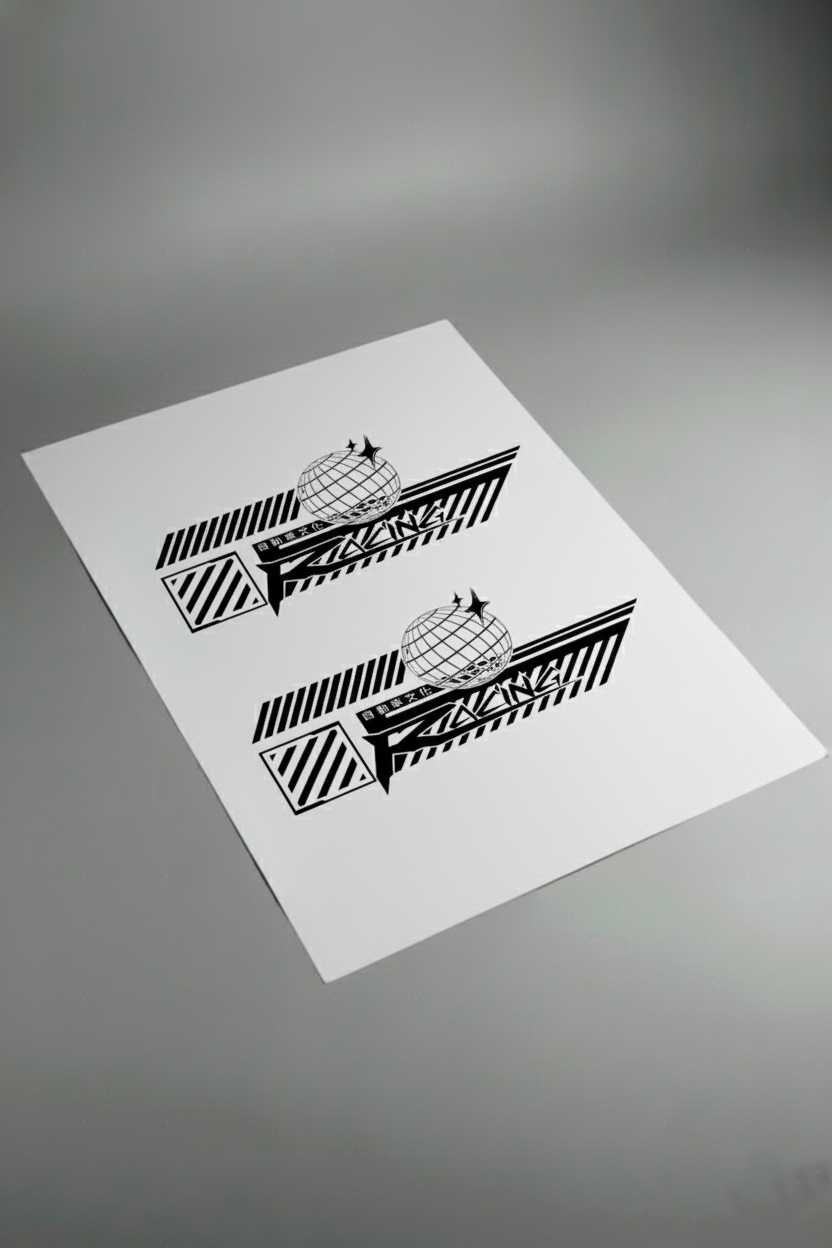 Pliego de vinilos de alta calidad que componen el kit Racing Style. Muestra las secciones de diseño de carreras listas para la instalación.