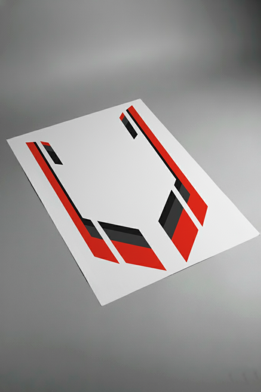 Pliego de vinilos de alta calidad que componen el kit VW Racing Líneas. Muestra las secciones con el patrón de rayas y gráficos listos para instalar.