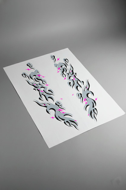 Pliego de vinilos del kit Japan Grey Flames en tonos de gris. Producto físico de vinilo de alta calidad para kit de personalización de vehículos.