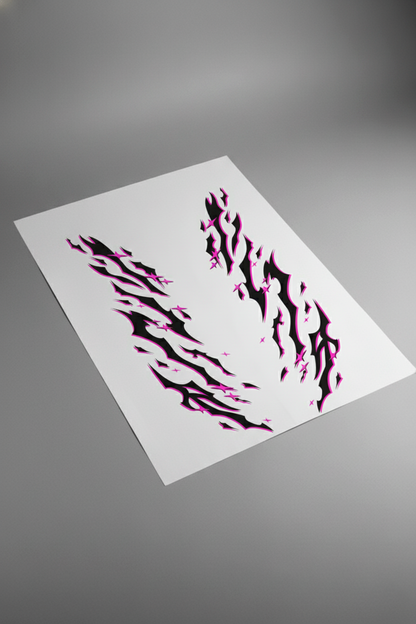 Pliego de vinilos del kit Pink Tribal en color rosa intenso, visto en mesa de estudio. Producto físico para personalización rápida de vehículos.