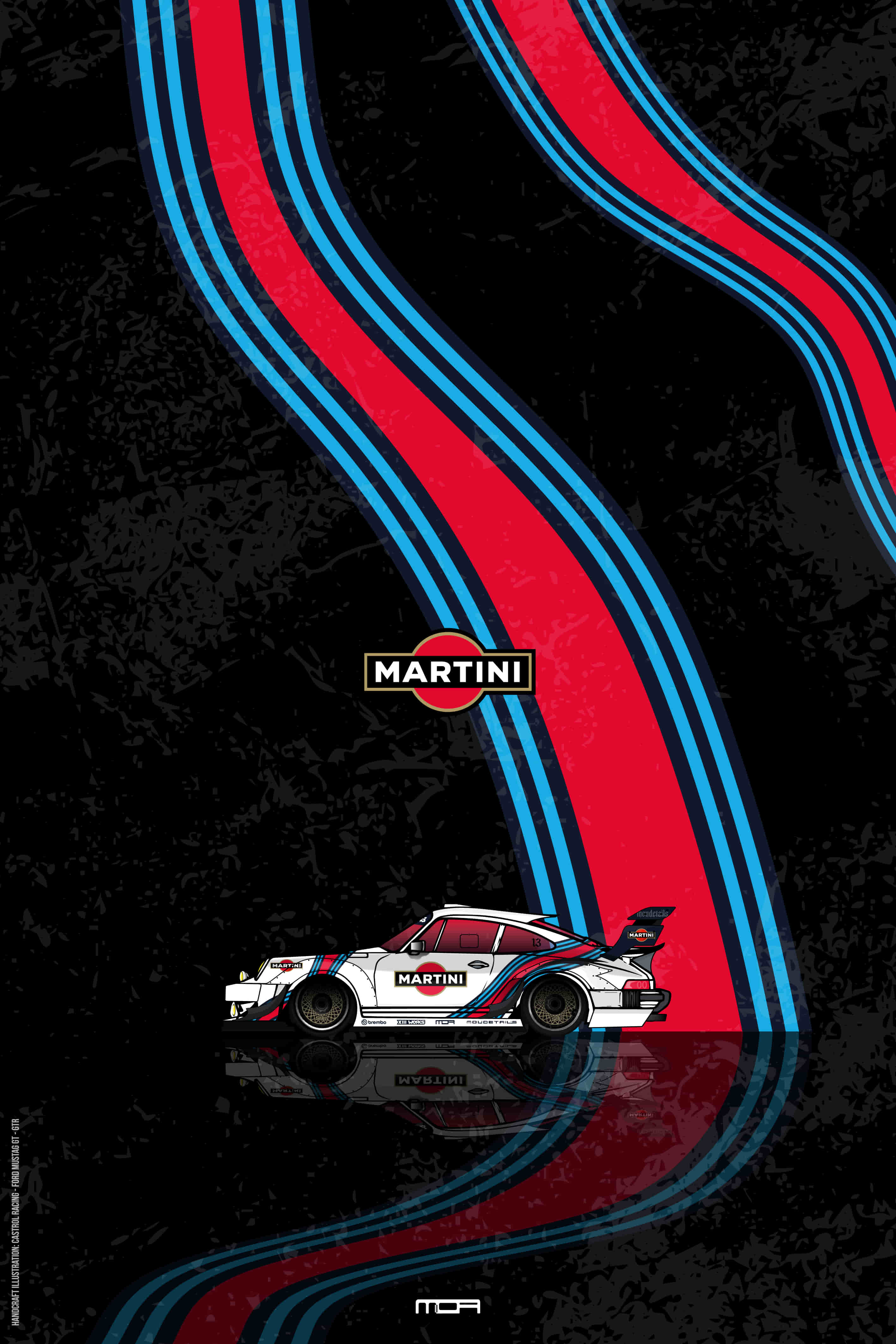 Póster de pared con el Porsche 911 y livery Martini Racing sobre fondo negro, un diseño de estilo retro racing para personalización de MOA-Grafics.