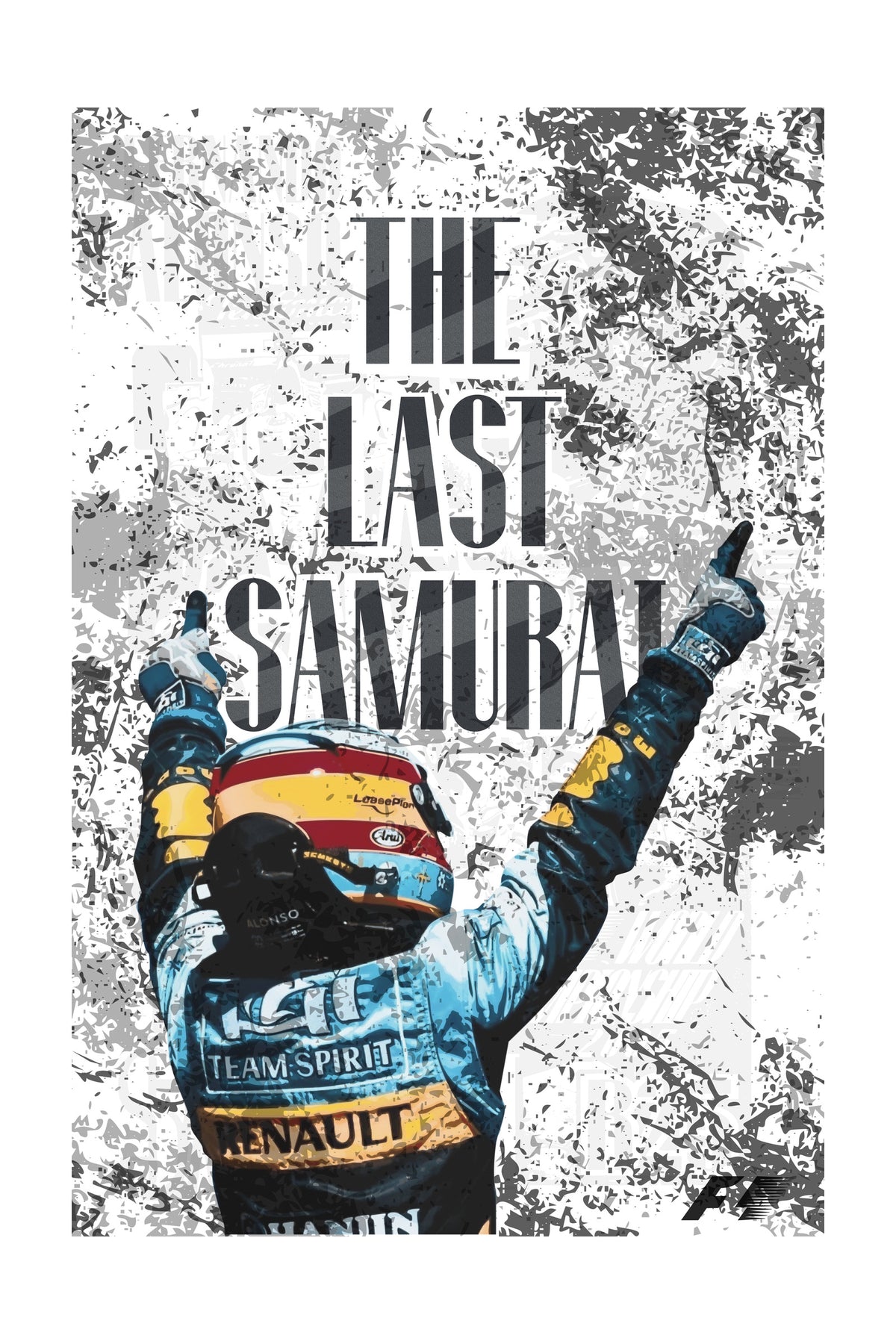 Póster de Arte del piloto Fernando Alonso (Magic Alonso). Ilustración dinámica en pista, con enfoque en la leyenda de Fórmula 1 y colores de competición.