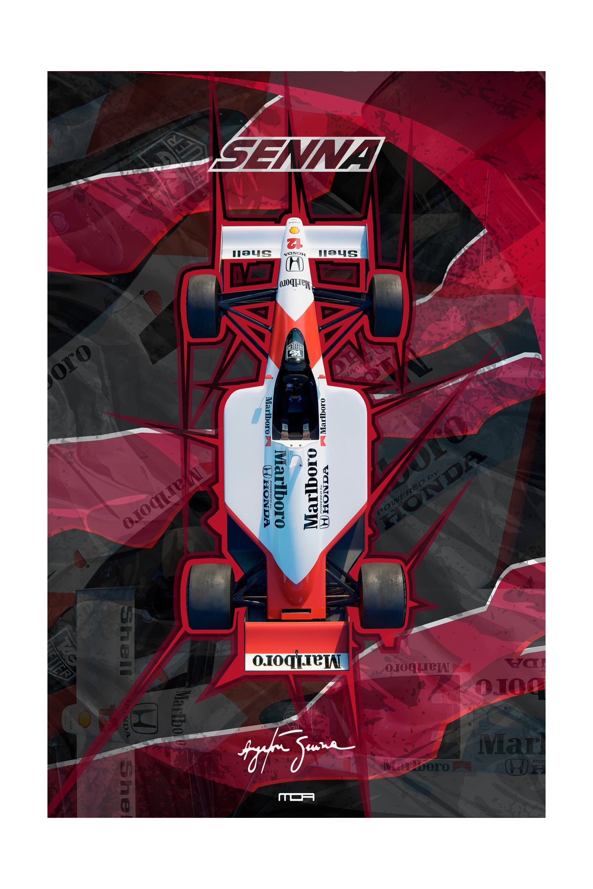 Póster de Arte del McLaren Senna V2. Diseño con líneas de neón azul y magenta que resaltan el contorno del hiperdeportivo, ideal para un estilo urbano.