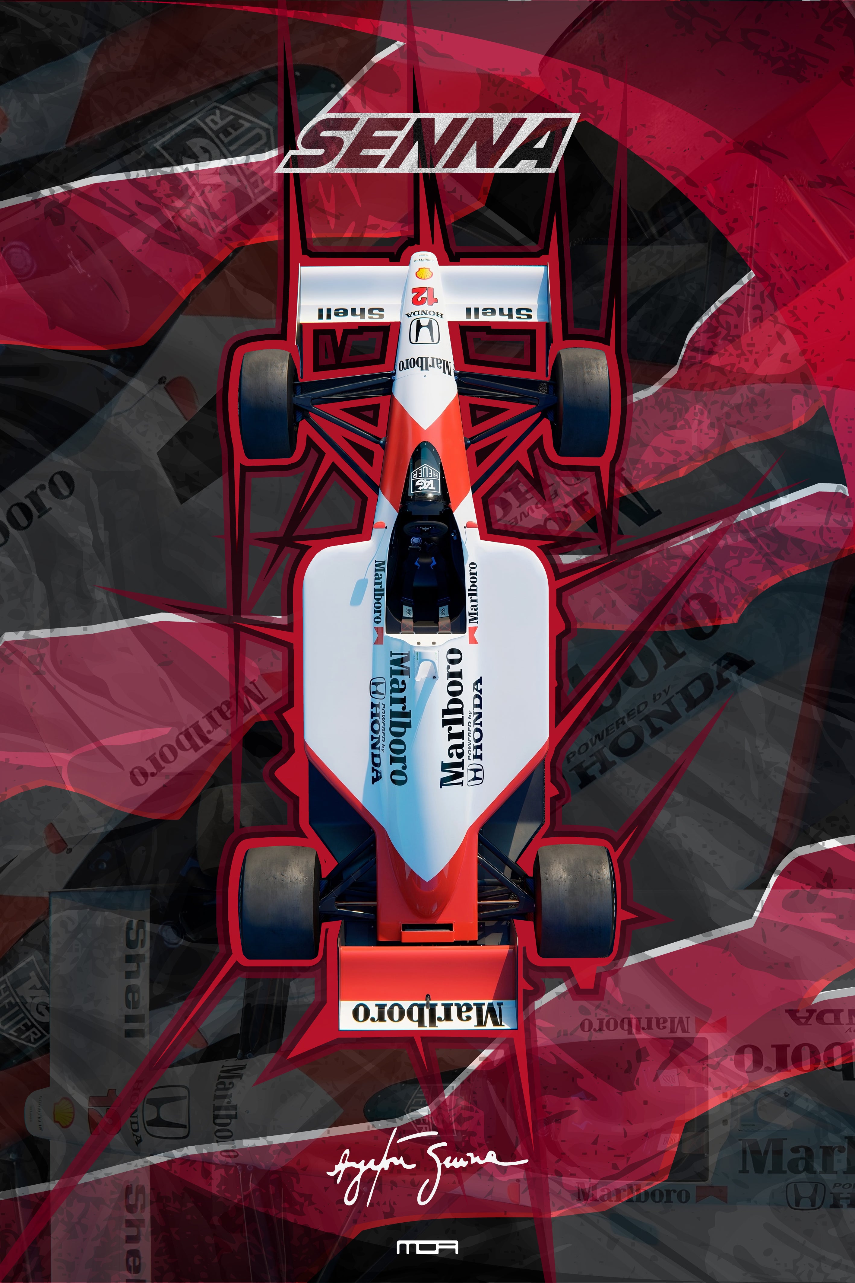 Póster de Arte del McLaren Senna V2. Diseño con líneas de neón azul y magenta que resaltan el contorno del hiperdeportivo, ideal para un estilo urbano.