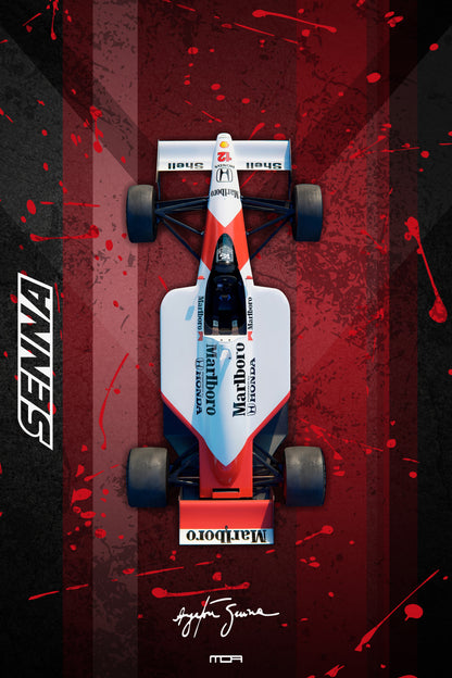 Póster de Arte del McLaren Senna. Ilustración con efecto de salpicaduras de pintura y trazos artísticos, en colores vibrantes, ideal para entusiastas del motor.