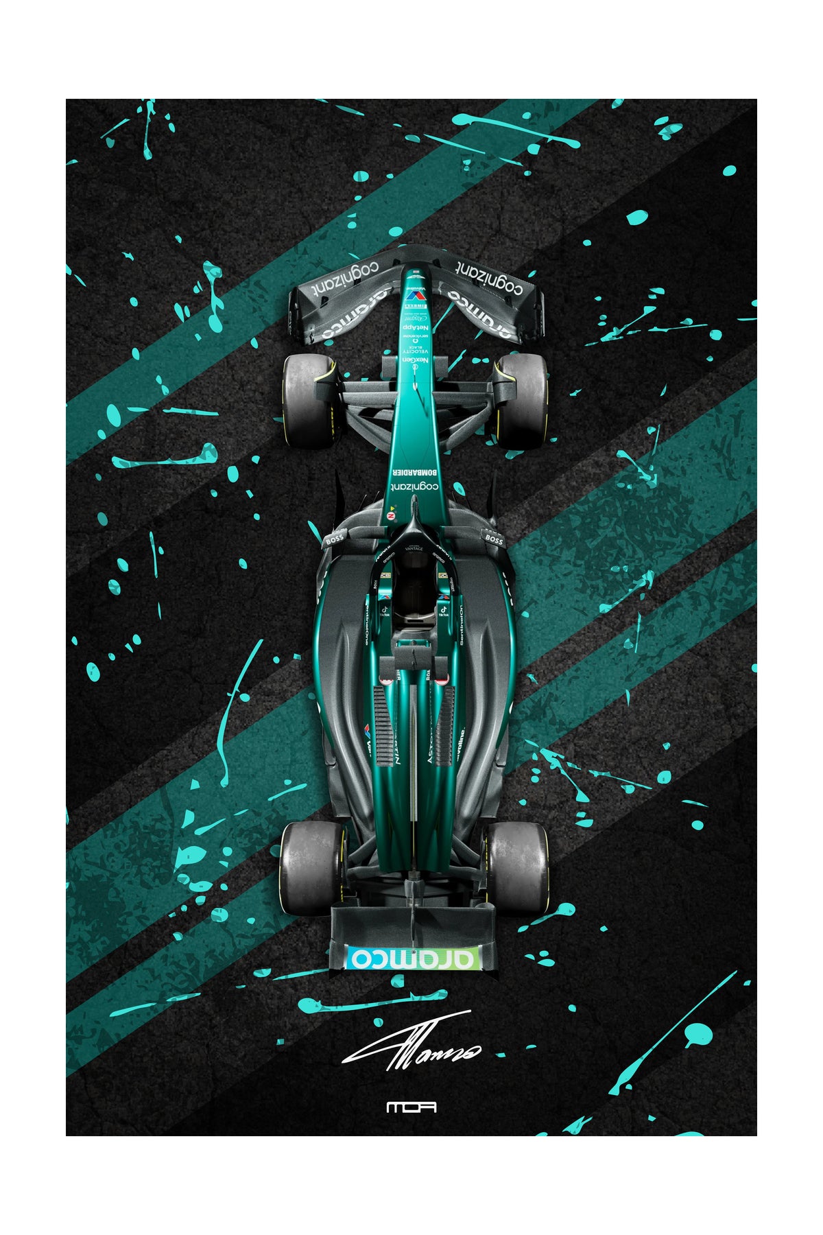 Póster de Arte del Aston Martin Vantage F1, con diseño de librea de carreras. Ilustración deportiva en verde británico.
