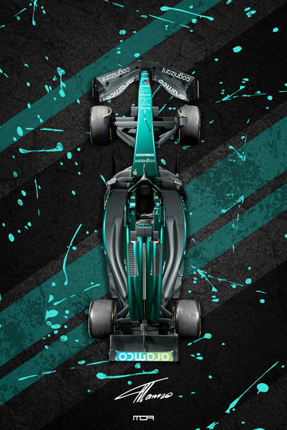 Póster de Arte del Aston Martin Vantage F1, con diseño de librea de carreras. Ilustración deportiva en verde británico.