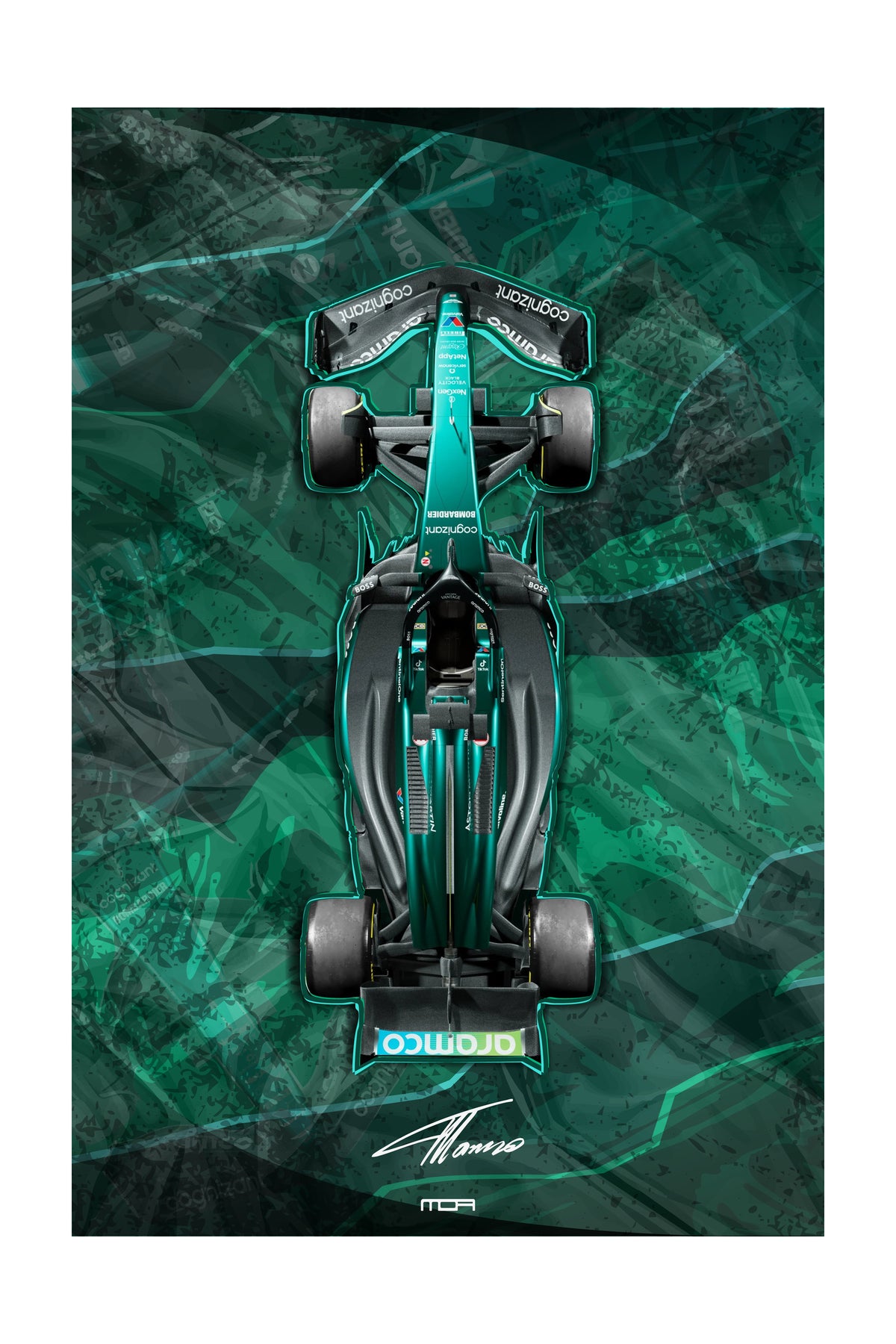 Póster de Arte del Aston Martin Vantage con librea de carreras. Diseño moderno y abstracto en tonos verde y amarillo neón, ideal para decoración deportiva.