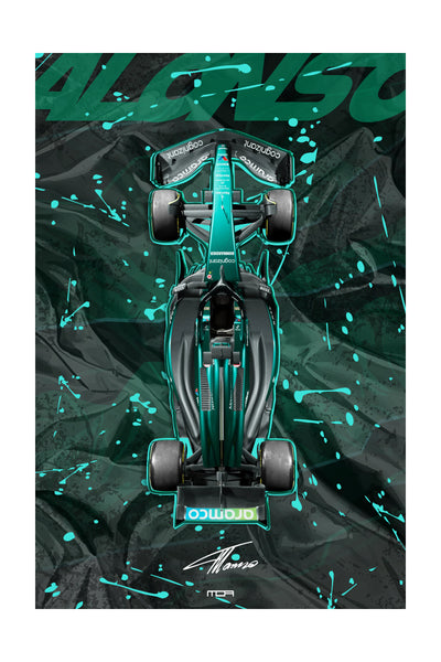 Poster de arte del Aston Martin Vantage de Formula 1 con el apellido Alonso en verde y salpicaduras turquesa sobre fondo de seda verde.