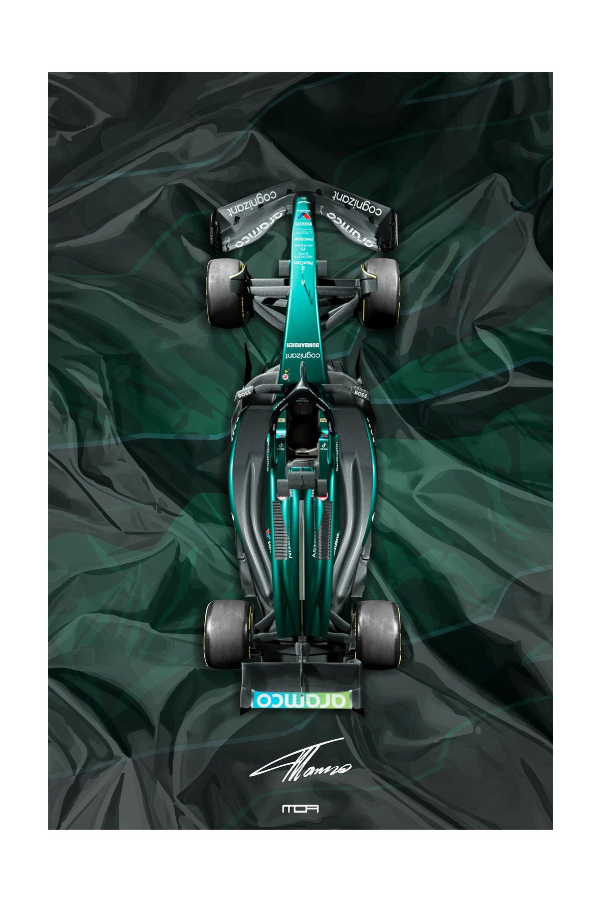 Póster de arte del Aston Martin Vantage en pista. Diseño dinámico con líneas de velocidad abstractas, en los icónicos tonos de competición verde y amarillo.