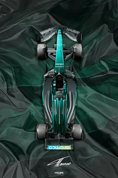 Póster de arte del Aston Martin Vantage en pista. Diseño dinámico con líneas de velocidad abstractas, en los icónicos tonos de competición verde y amarillo.