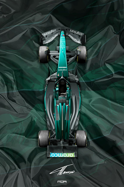 Póster de arte del Aston Martin Vantage en pista. Diseño dinámico con líneas de velocidad abstractas, en los icónicos tonos de competición verde y amarillo.