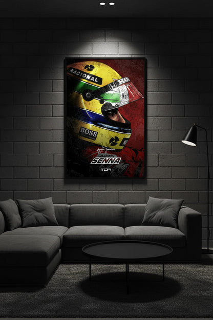 Póster de vinilo en set de decoración con el casco icónico de Ayrton Senna. Ideal para coleccionistas.