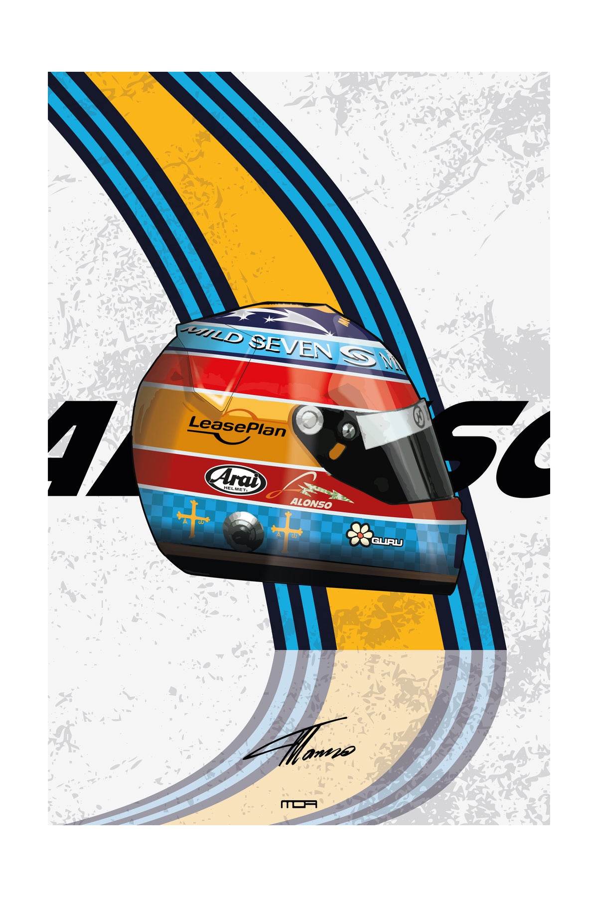 Póster de pared con el casco de Fernando Alonso 2005, un diseño de F1 retro para la decoración de espacios de MOA-Grafics.