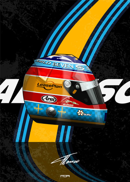 Póster de pared del casco de Fernando Alonso 2005, un diseño retro racing para la decoración de garajes y salones por MOA-Grafics.
