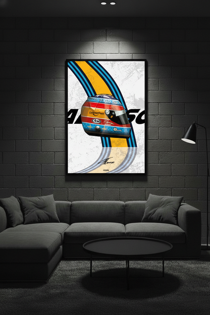 Póster enmarcado del casco de Fernando Alonso 2005 en una pared de cemento, un accesorio de decoración racing para salones de MOA-Grafics.