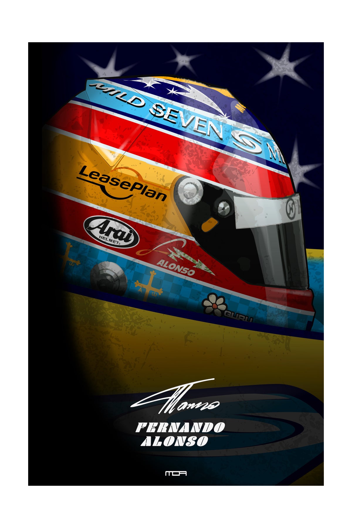 Póster de pared del casco de Fernando Alonso sobre un fondo estrellado, una pieza de estilo retro racing para decoración de MOA-Grafics.