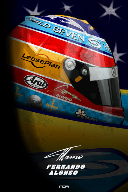 Póster de pared del casco de Fernando Alonso sobre un fondo estrellado, una pieza de estilo retro racing para decoración de MOA-Grafics.