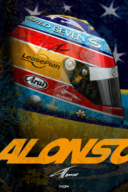 Póster de pared del casco de Fernando Alonso sobre un fondo estrellado, una pieza de estilo retro racing para decoración de MOA-Grafics.