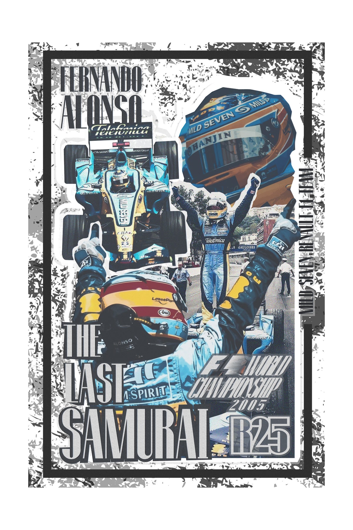 Póster de Arte del piloto Fernando Alonso V2. Diseño con estilo retro de Fórmula 1, capturando la acción en pista del icónico piloto español.