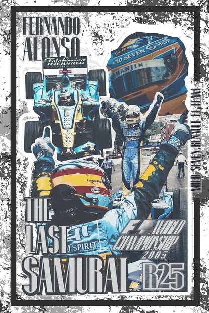 Póster de Arte del piloto Fernando Alonso V2. Diseño con estilo retro de Fórmula 1, capturando la acción en pista del icónico piloto español.