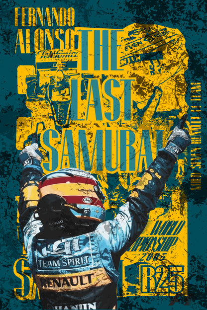 Póster de Arte del piloto Fernando Alonso V3. Diseño oscuro y de alto contraste que realza la silueta del monoplaza y el casco de la estrella de F1.