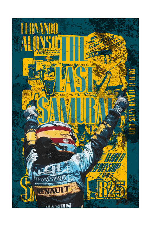 Póster de Arte del piloto Fernando Alonso V3. Diseño oscuro y de alto contraste que realza la silueta del monoplaza y el casco de la estrella de F1.