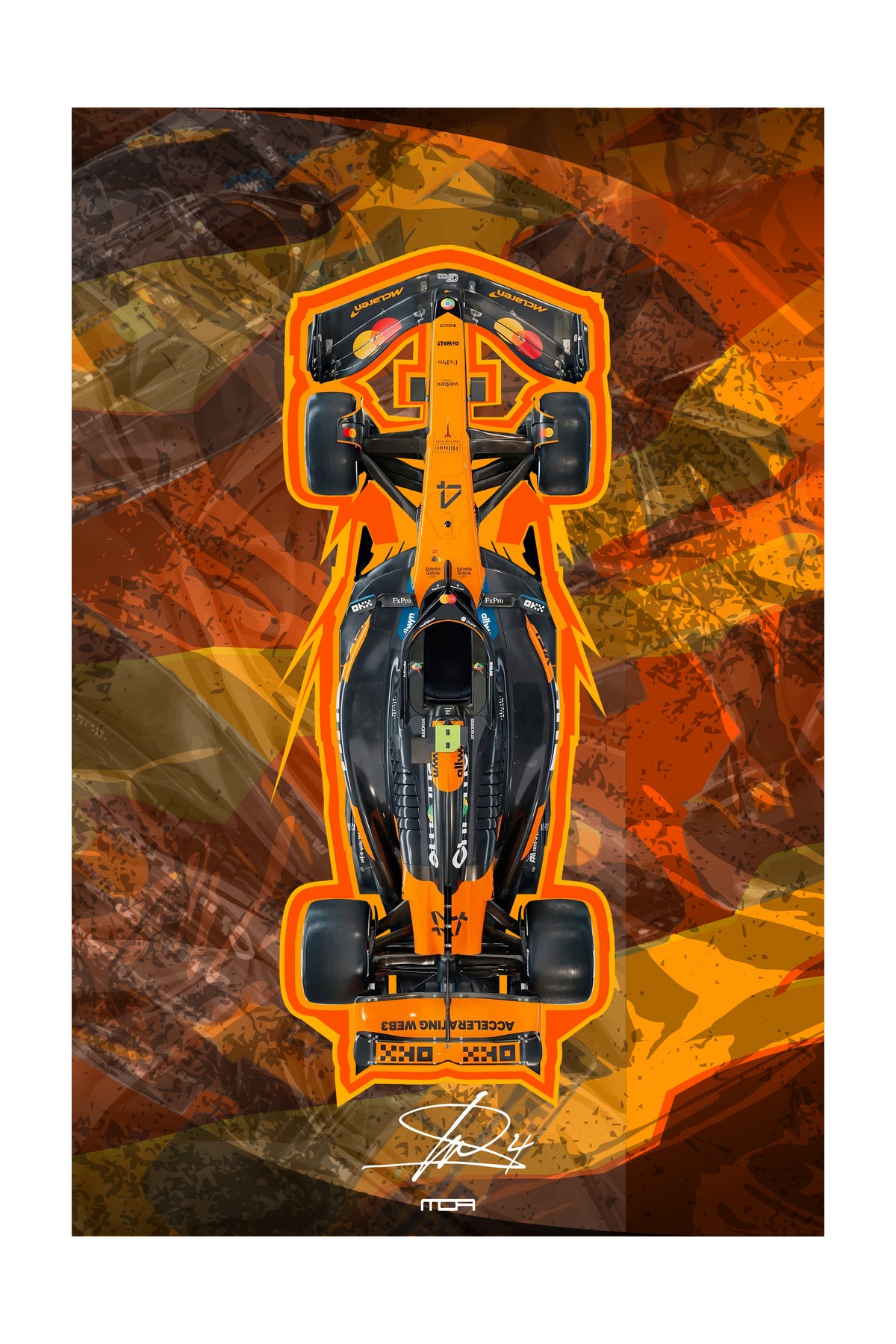 Póster de Arte del McLaren MP4/4 de F1. Ilustración en diseño vintage del monoplaza icónico de 1988, con los colores de competición blanco y rojo.