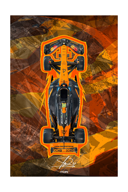 Póster de Arte del McLaren MP4/4 de F1. Ilustración en diseño vintage del monoplaza icónico de 1988, con los colores de competición blanco y rojo.