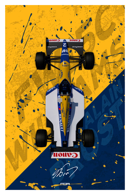Póster de Arte del Williams FW15C, coche ganador de Fórmula 1 de Alain Prost (1993). Diseño de librea Rothmans, ideal para coleccionistas de F1.