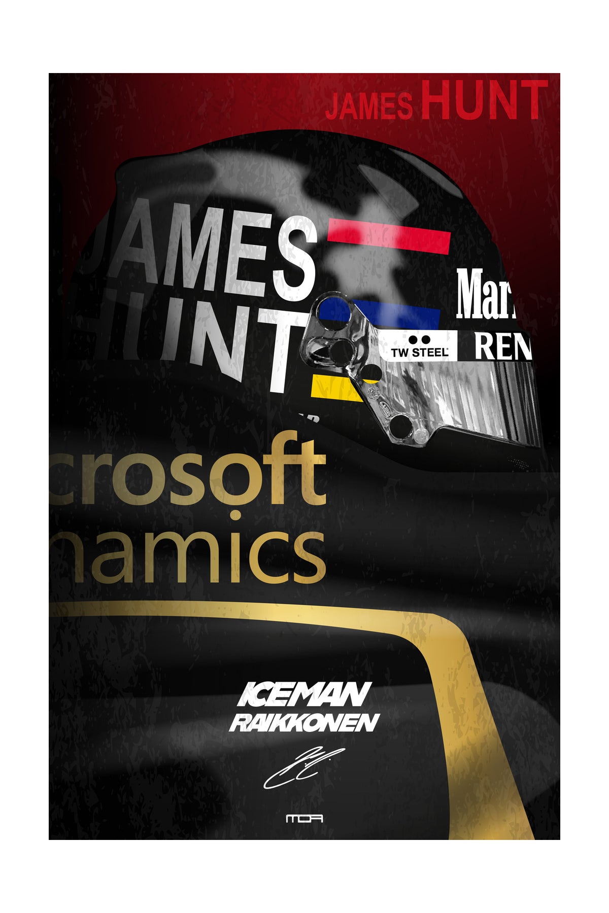 Póster de pared del casco tributo de Kimi Räikkönen a James Hunt, una pieza de arte retro racing para decoración de F1 de MOA-Grafics.