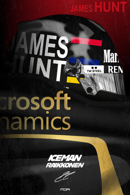 Póster de pared del casco tributo de Kimi Räikkönen a James Hunt, una pieza de arte retro racing para decoración de F1 de MOA-Grafics.