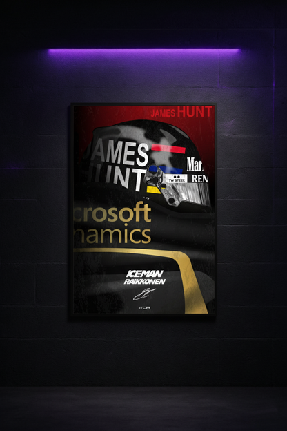  Póster enmarcado del casco tributo a James Hunt de Kimi Räikkönen, una pieza de decoración F1 para un salón moderno de MOA-Grafics.