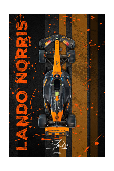 Póster de pared del F1 McLaren de Lando Norris en vista cenital, con un diseño de salpicaduras naranjas para decoración de MOA-Grafics.