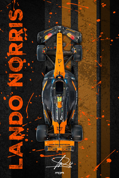 Póster de pared del F1 McLaren de Lando Norris en vista cenital, con un diseño de salpicaduras naranjas para decoración de MOA-Grafics.