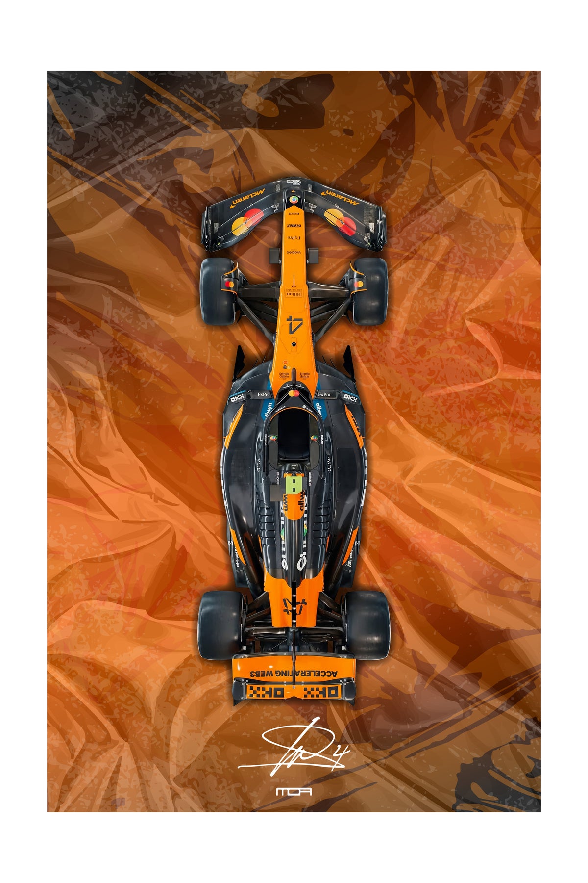 Póster del F1 McLaren de Lando Norris en vista cenital con fondo abstracto, una pieza racing para la decoración de salones de MOA-Grafics.
