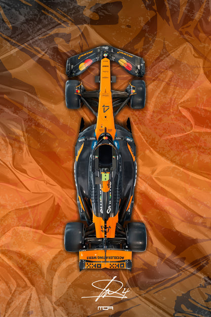 Póster del F1 McLaren de Lando Norris en vista cenital con fondo abstracto, una pieza racing para la decoración de salones de MOA-Grafics.