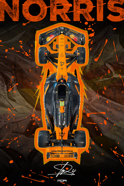 Póster del F1 McLaren de Lando Norris en vista cenital con fondo abstracto, una pieza racing para la decoración de salones de MOA-Grafics.