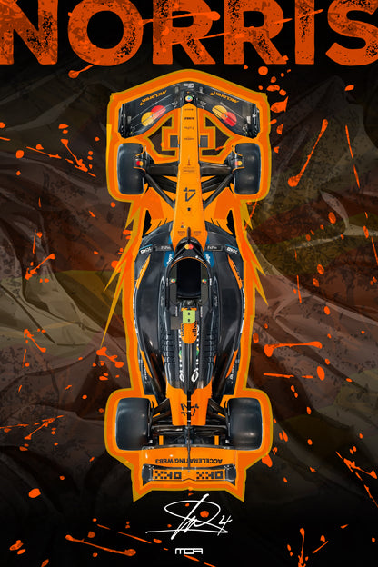 Póster del F1 McLaren de Lando Norris en vista cenital con fondo abstracto, una pieza racing para la decoración de salones de MOA-Grafics.