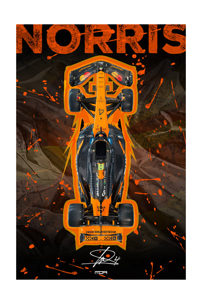Póster del F1 McLaren de Lando Norris en vista cenital con fondo abstracto, una pieza racing para la decoración de salones de MOA-Grafics.