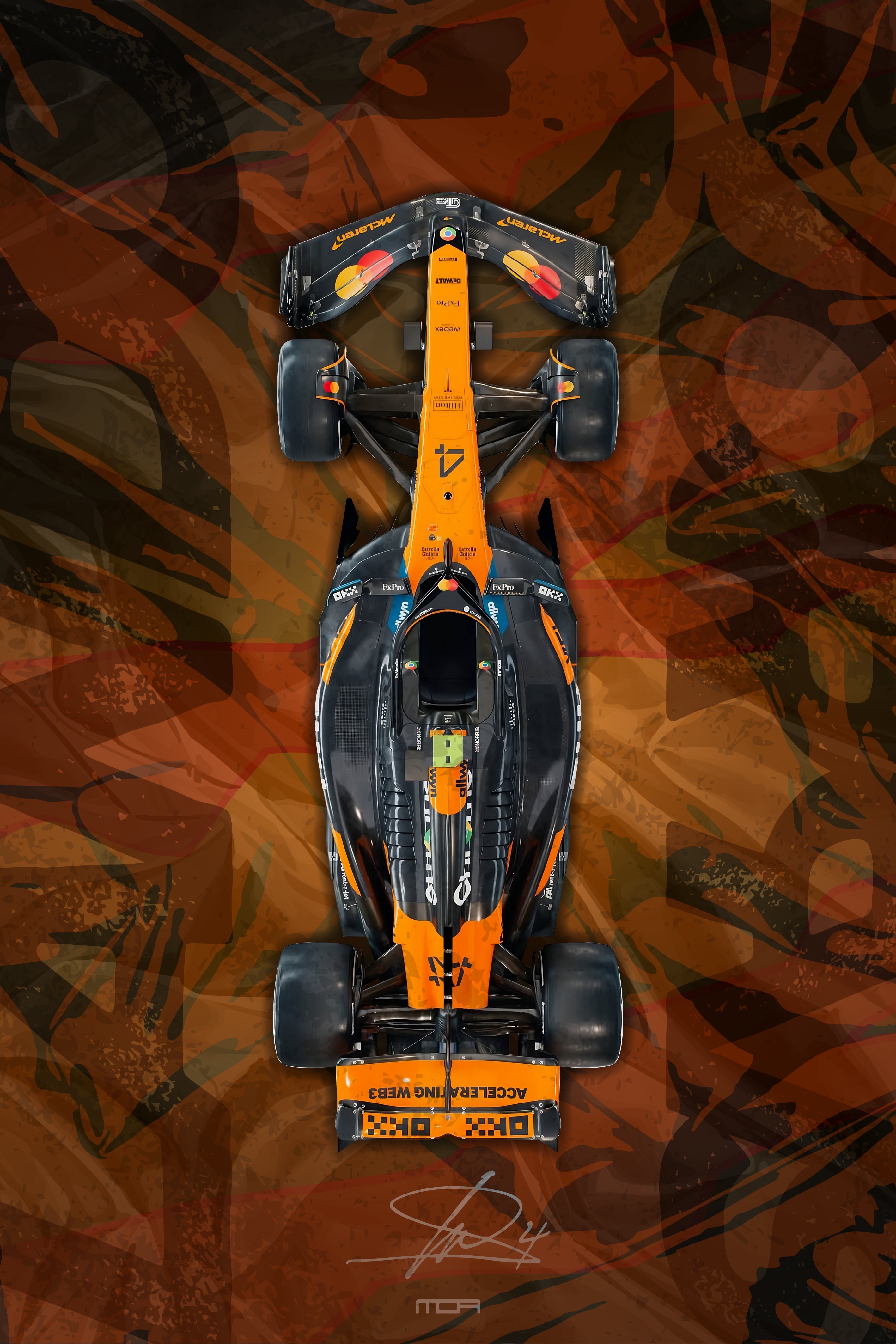 Póster de pared del F1 McLaren de Lando Norris en vista cenital, una pieza de arte racing para la decoración de salones de MOA-Grafics.