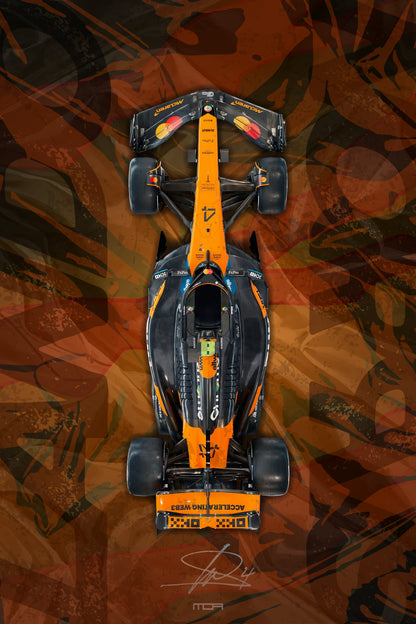 Póster de pared del F1 McLaren de Lando Norris en vista cenital, una pieza de arte racing para la decoración de salones de MOA-Grafics.