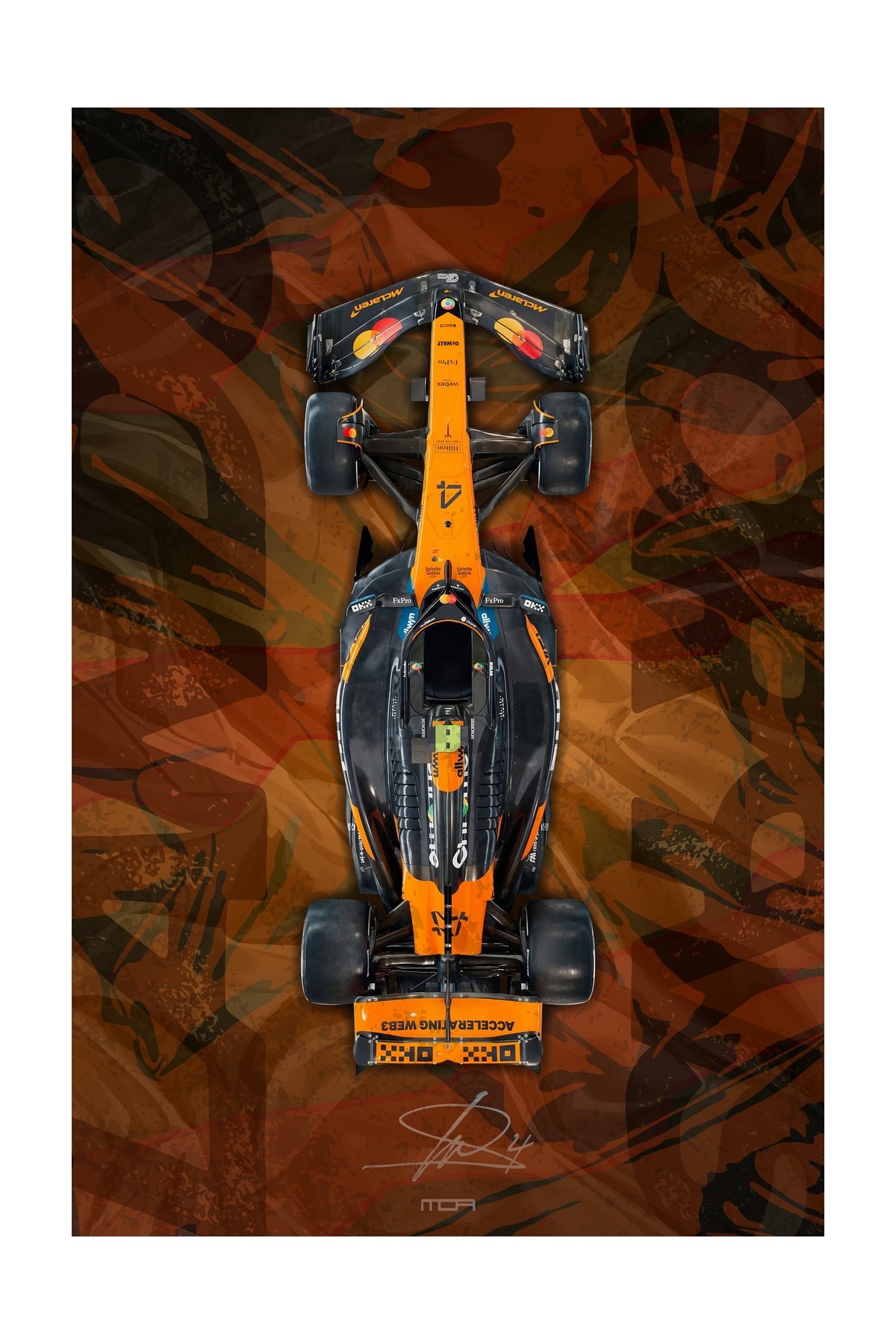 Póster de pared del F1 McLaren de Lando Norris en vista cenital, una pieza de arte racing para la decoración de salones de MOA-Grafics.