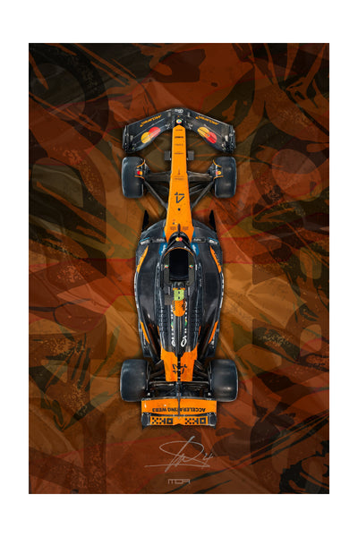 Póster de pared del F1 McLaren de Lando Norris en vista cenital, una pieza de arte racing para la decoración de salones de MOA-Grafics.