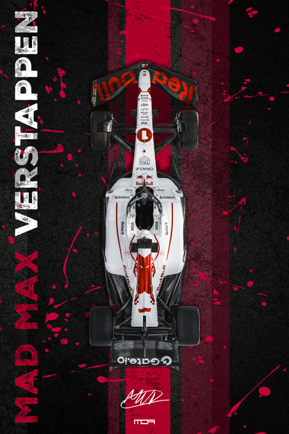 Póster del F1 de Max Verstappen "Mad Max" con livery japonés, una pieza de arte JDM y racing para la decoración de MOA-Grafics.