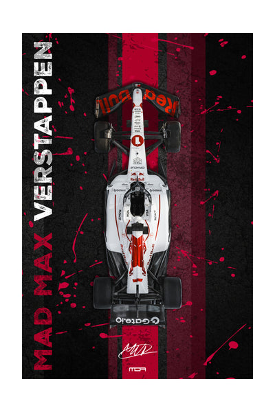 Póster del F1 de Max Verstappen "Mad Max" con livery japonés, una pieza de arte JDM y racing para la decoración de MOA-Grafics.