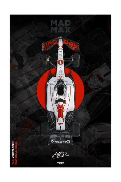 Póster del F1 Red Bull de Max Verstappen "Mad Max" en vista cenital, una pieza de arte JDM y racing para la decoración de MOA-Grafics.