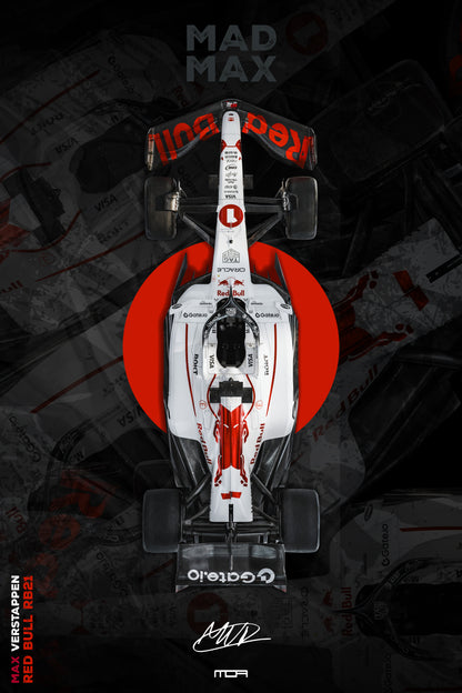 Póster del F1 Red Bull de Max Verstappen "Mad Max" en vista cenital, una pieza de arte JDM y racing para la decoración de MOA-Grafics.