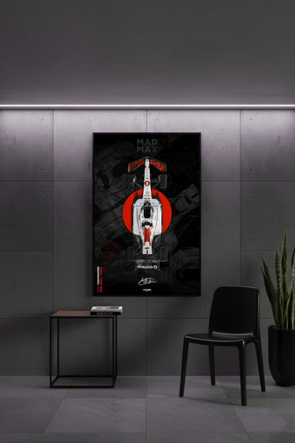 Póster enmarcado del F1 "Mad Max" de Verstappen (V5) en una pared de cemento, un diseño de decoración racing para un salón por MOA-Grafics.